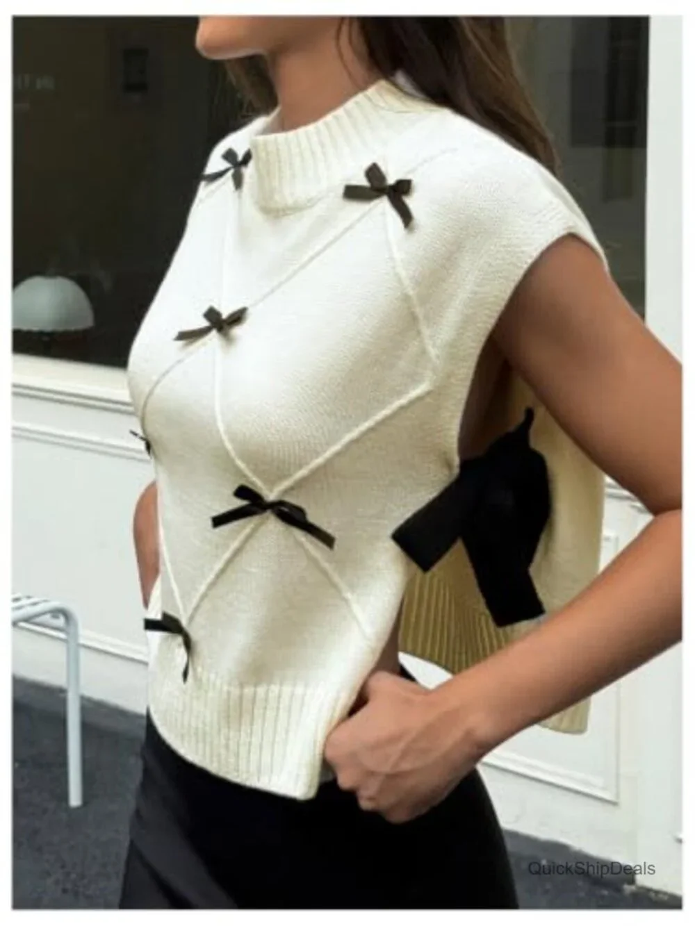 Coquette Bow Tie Argyle Sweater Vest Mock Neck Sleeveless Dressy Layering Top